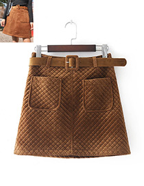Fashion Brown Grid Pattern Decorated Pure Color Skirt(with Belt)