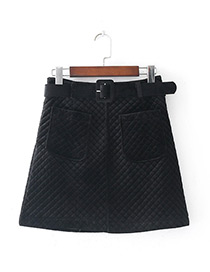 Fashion Black Grid Pattern Decorated Pure Color Skirt(with Belt)