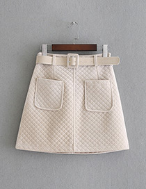 Fashion Beige Grid Pattern Decorated Pure Color Skirt(with Belt)