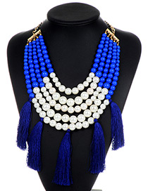 Fashion Sapphire Blue Pearls&tassel Decorated Necklace