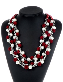Fashion Claret Red+white Pom Ball Decorated Necklace