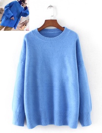 Fashion Blue Pure Color Decorated Sweater