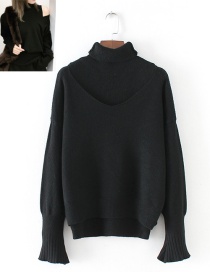 Fashion Black Stitching Design Pure Color Sweater