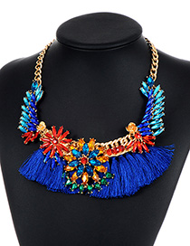 Vintage Blue Flower Shape Decorated Tassel Necklace