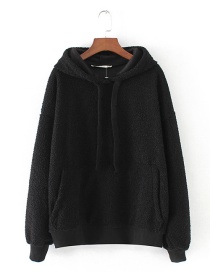 Fashion Black Pure Color Decorated Thicken Hoodie