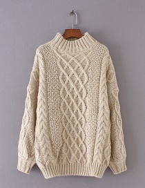 Fashion Beige Grid Shape Design Pure Color Sweater