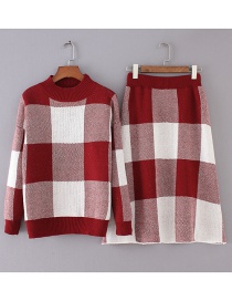 Fashion Red+white Grid Pattern Decorated Dress Suits