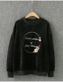 Fashion Black Embroidery Letter Decorated Round Neckline Sweater