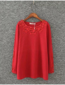 Fashion Red Flowers Decorated Pure Color Blouse