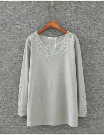 Fashion Light Gray Flowers Decorated Pure Color Blouse