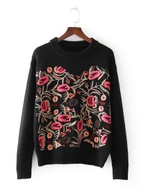 Fashion Multi-color Embroidery Flowers Decorated Sweater