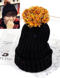 Trendy Black Fuzzy Ball Decorated Knitting Cap