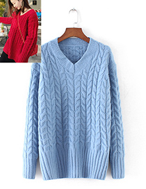 Fashion Blue Pure Color Design V Neckline Sweater