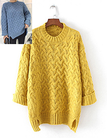 Fashion Yellow Round Neckline Design Pure Color Sweater