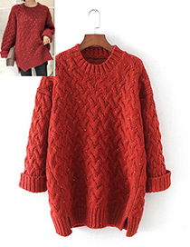 Fashion Red Round Neckline Design Pure Color Sweater