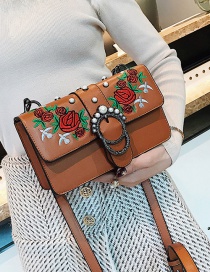 Fashion Brown Embroidered Flowers Decorated Shoulder Bag