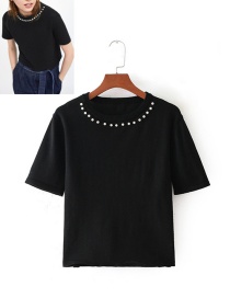 Fashion Black Pearls Decorated Round Neckline Knitting Shirt