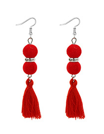 Bohemia Red Fuzzy Ball Decorated Tassel Earrings