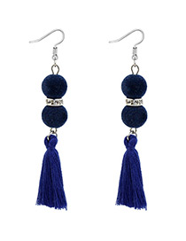 Bohemia Sapphire Blue Fuzzy Ball Decorated Tassel Earrings