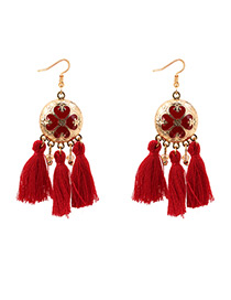 Bohemia Red Disc Shape Decorated Tassel Earrings