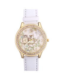 Fashion White Owla&trees Pattern Decorated Watch