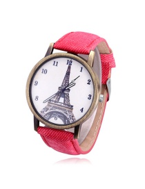 Vintage Red Tower Pattern Decorated Round Dial Watch