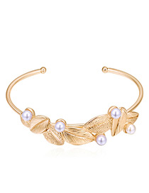 Sweet Gold Color Leaf&pearls Decorated Opening Bracelet