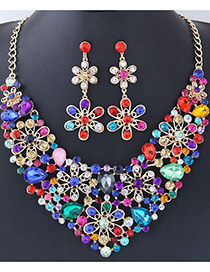 Fashion Multi-color Full Diamond Decorated Flower Shape Jewelry Sets