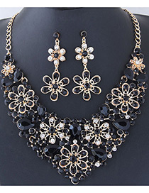 Fashion Black Full Diamond Decorated Flower Shape Jewelry Sets