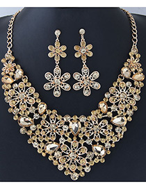 Fashion Gold Color Full Diamond Decorated Flower Shape Jewelry Sets