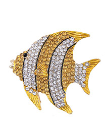 Fashion Yellow+white Full Diamond Design Fish Shape Brooch