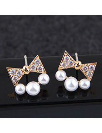 Sweet Gold Color Bowknot&pearls Decorated Earrings