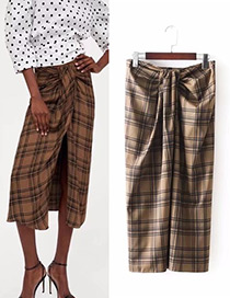 Fashion Brown Grid Pattern Decorated Long Pants