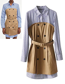 Fashion Blue+khaki Color Mathcing Design Long Sleeves Dress