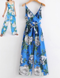 Fashion Blue Flower Pattern Decorated Suspender Dress