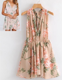 Fashion Beige Flower Pattern Decortaed Dress