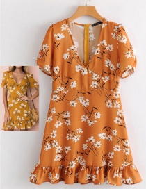 Fashion Orange V Neckline Design Flower Pattern Dress