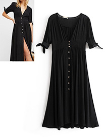 Fashion Black V Neckline Design Pure Color Dress