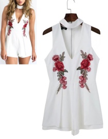 Fashion White Flower Pattern Decorated V Neckline Jumpsuit