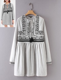 Fashion Gray Embroidery Flower Design Long Sleeves Dress