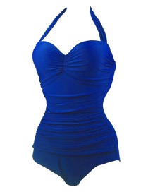 Fashion Sapphire Blue Pure Color Decorated Swimwear