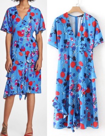 Fashion Blue Flower Pattern Decorated Dress