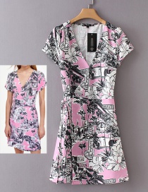 Fashion Pink+black Flower Pattern Decorated Dress