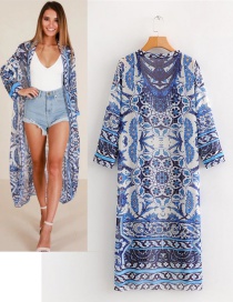 Fashion Blue+white Flowers Decorated Long Sleeves Sunscreen Smock