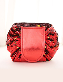 Fashion Red Paillette Decorated Pure Color Cosmetic Bag