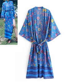 Fashion Blue Birds&flowers Pattern Decorated Kimono