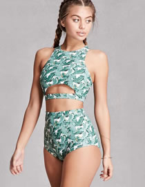 Sexy Green Round Neckline Design Hollow Out Bikini