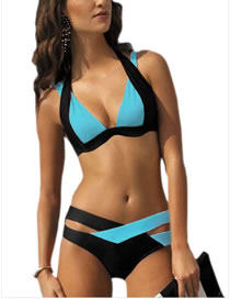 Sexy Black+blue Color Matching Decorated Split Bikini