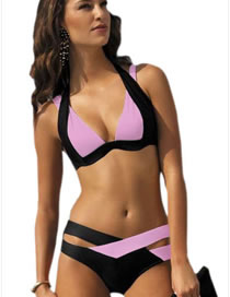 Sexy Black+pink Color Matching Decorated Split Bikini