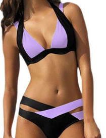 Sexy Black+purple Color Matching Decorated Split Bikini